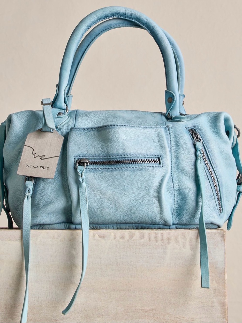 We The Free Sky Blue Leather Satchel Handbag